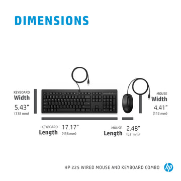 HP 225 Wired Mouse and Keyboard Combo, Full-size (100%), USB, Membrane, Black, Mouse included