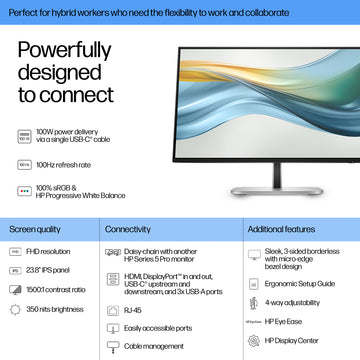 HP Series 5 Pro 23.8 inch FHD USB-C Monitor - 524pu, 60.5 cm (23.8"), 1920 x 1080 pixels, Full HD, LCD, 5 ms, Black, Silver