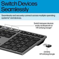HP 725 Multi-Device Rechargeable Wireless Keyboard and Mouse Combo, 499 g, 538 mm, 125 mm, 46 mm, 820 g