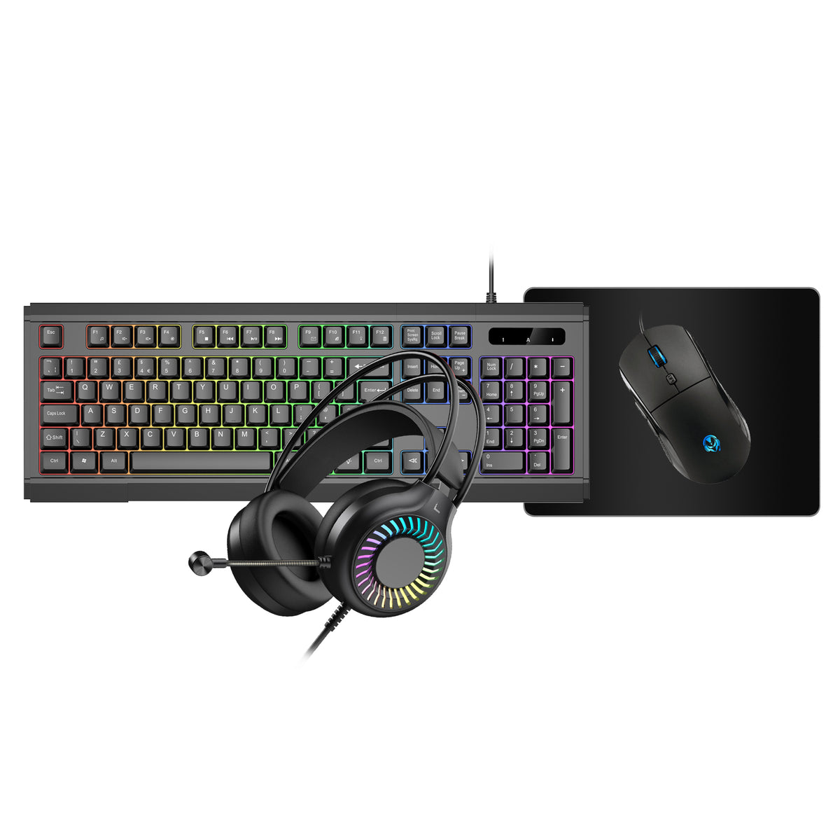 VIDA GAMER BLK 4IN1 USB KB MS HS KIT, Wired, USB, Membrane, QWERTY, RGB LED, Black