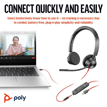 HP Poly Blackwire 3325 Stereo Microsoft Teams Certified USB-C Headset +3.5mm Plug +USB-C/A Adapter