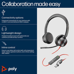 HP Poly Blackwire 8225 Stereo USB-C Headset +USB-C/A Adapter