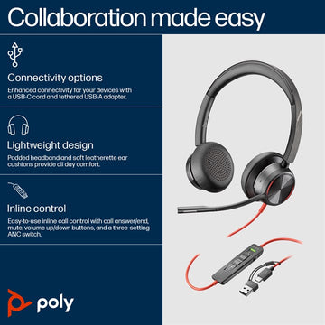 HP Poly Blackwire 8225 Stereo USB-C Headset +USB-C/A Adapter