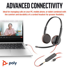 HP Poly Blackwire 3225 Stereo USB-C Headset +3.5mm Plug +USB-C/A Adapter