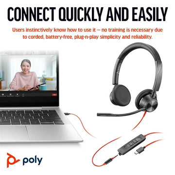 HP Poly Blackwire 3325 Stereo USB-C Headset +3.5mm Plug +USB-C/A Adapter