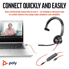HP Poly Blackwire 3315 Monaural Microsoft Teams Certified USB-C Headset +3.5mm Plug +USB-C/A Adapter