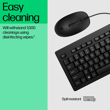HP 225 Wired Mouse and Keyboard Combo, Full-size (100%), Wired, USB, Black, Mouse included