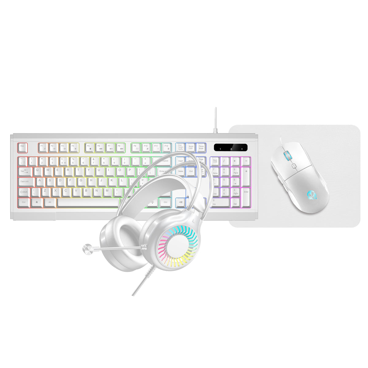 VIDA GAMER WHT 4IN1 USB KB MS HS KIT, Wired, USB, Membrane, QWERTY, RGB LED, White