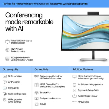 HP Series 5 Pro 27 inch QHD USB-C Conferencing Monitor - 527pm, 68.6 cm (27"), 2560 x 1440 pixels, 5 ms