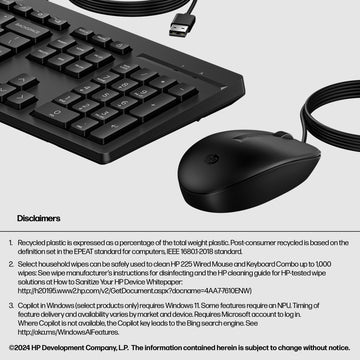 HP 225 Wired Mouse and Keyboard Combo, Full-size (100%), Wired, USB, Black, Mouse included