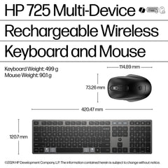 HP 725 Multi-Device Rechargeable Wireless Keyboard and Mouse Combo, 499 g, 538 mm, 125 mm, 46 mm, 820 g