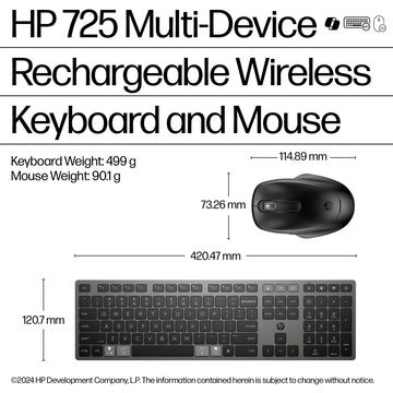 HP 725 Multi-Device Rechargeable Wireless Keyboard and Mouse Combo, 499 g, 538 mm, 125 mm, 46 mm, 820 g