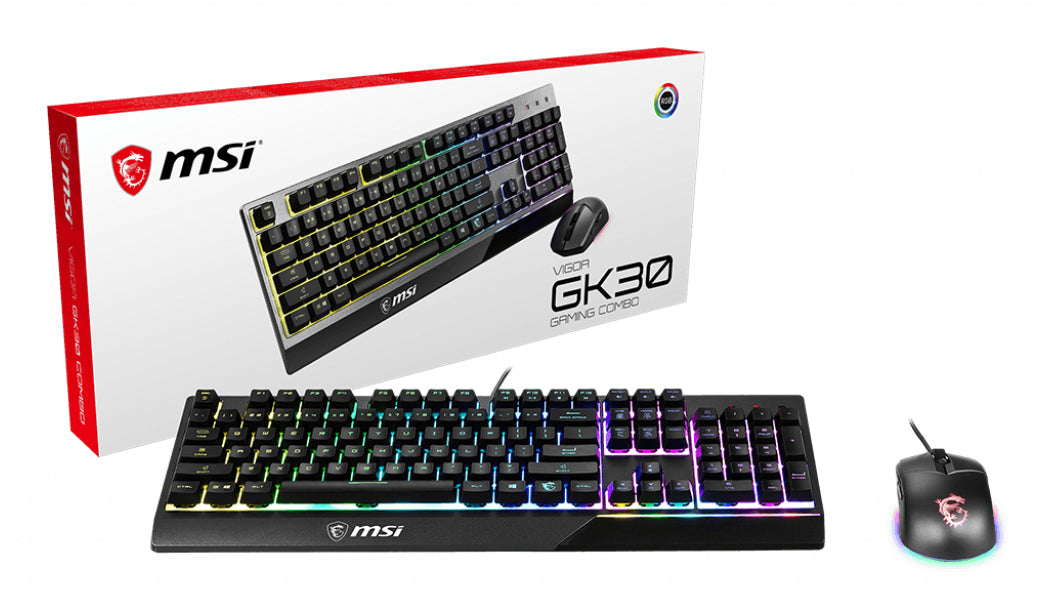 MSI VIGOR GK30 COMBO RGB MEMchanical Gaming Keyboard + Clutch GM11 Gaming Mouse ' UK Layout, 6-Zone RGB Lighting Keyboard, Dual-Zone RGB Lighting Mouse, 5000 DPI Optical Sensor, RGB Mystic Light', Wired, USB, Mechanical, QWERTY, RGB LED, Black