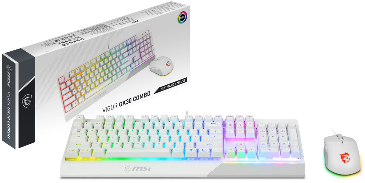 MSI VIGOR GK30 COMBO WHITE UK RGB MEMchanical Gaming Keyboard + Clutch GM11 WHITE Gaming Mouse ' UK Layout, 6-Zone RGB Lighting Keyboard, Dual-Zone RGB Lighting Mouse, 5000 DPI Optical Sensor, Center', Wired, USB, Membrane, QWERTY, RGB LED, White
