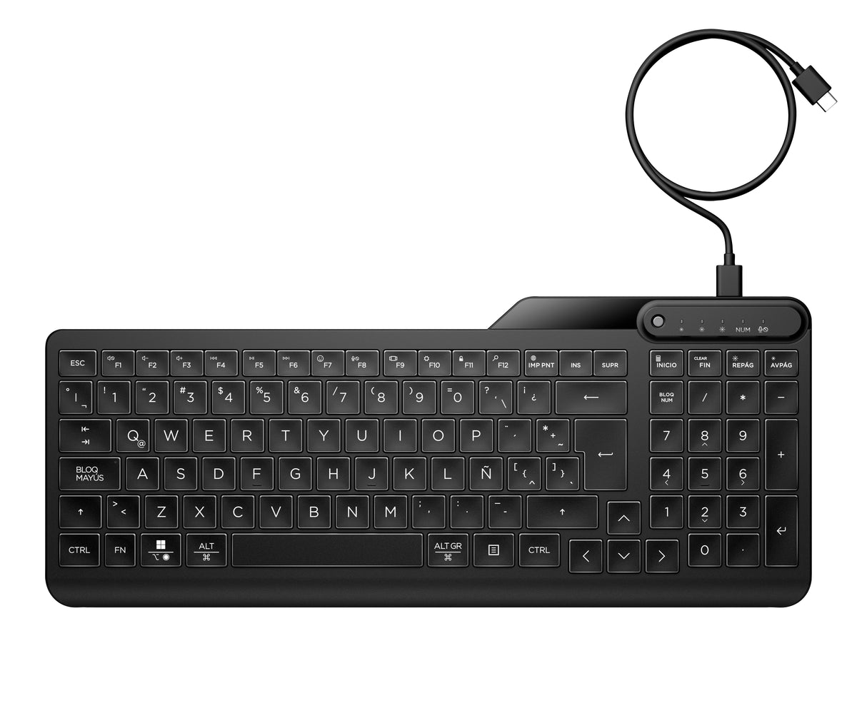 HP 405 Multi-Device Backlit Wired Keyboard, Full-size (100%), Wired, USB, Membrane, Black