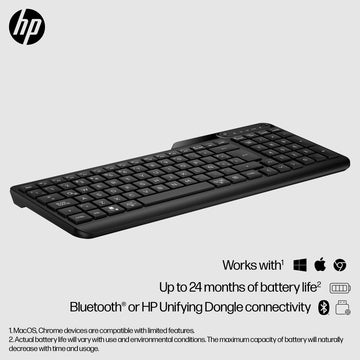 HP 475 Dual-Mode Wireless Keyboard, Full-size (100%), Wireless, RF Wireless + Bluetooth, Plunger key switch, Black