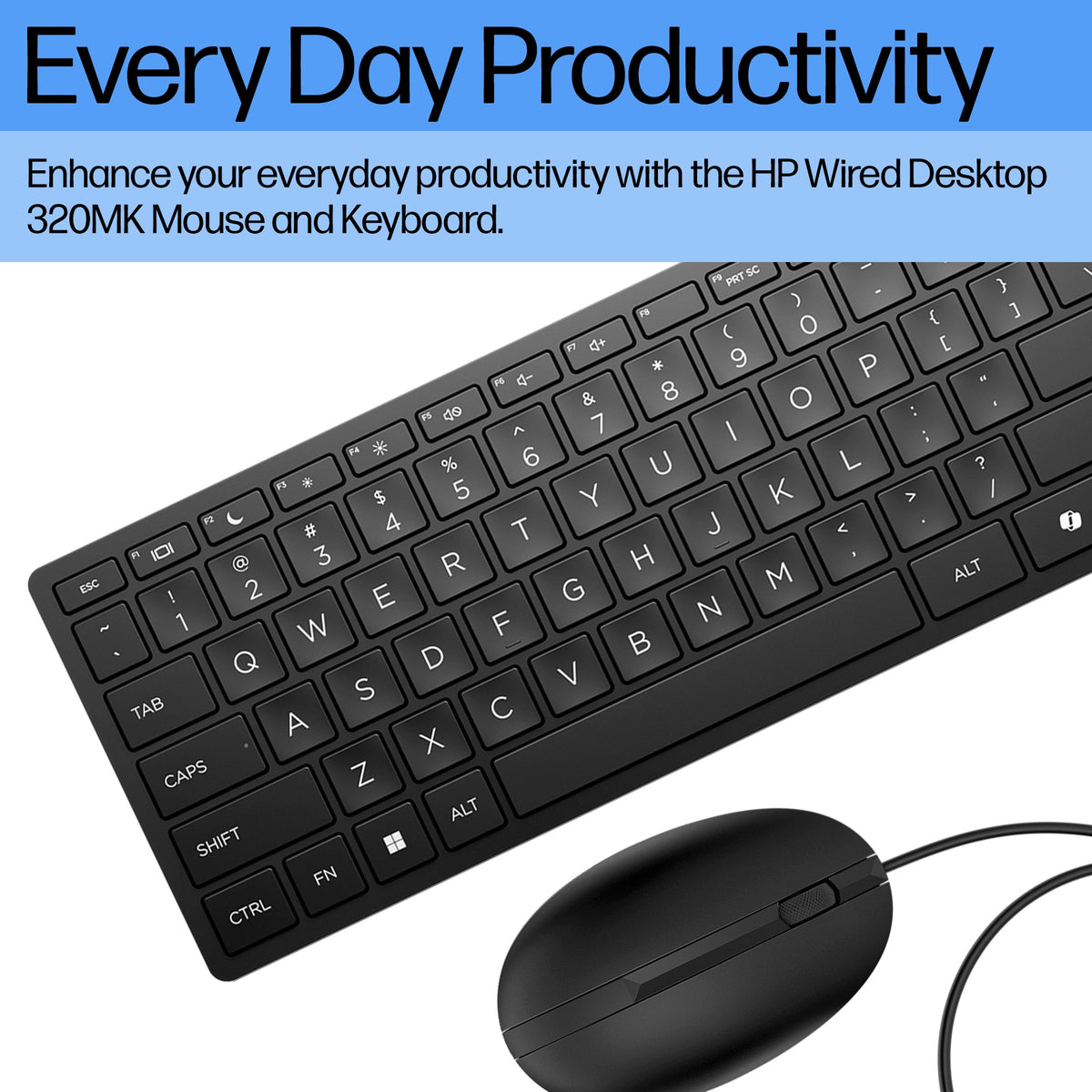 HP Wired Desktop 320MK Mouse and Keyboard, Wired, USB, Membrane, Black, Mouse included