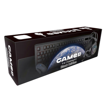 VIDA GAMER BLK 4IN1 USB KB MS HS KIT, Wired, USB, Membrane, QWERTY, RGB LED, Black