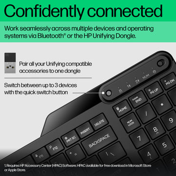 HP 475 Dual-Mode Wireless Keyboard, Full-size (100%), RF Wireless + Bluetooth, Membrane, Black