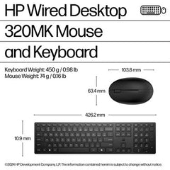 HP Wired Desktop 320MK Mouse and Keyboard, Wired, USB, Membrane, Black, Mouse included