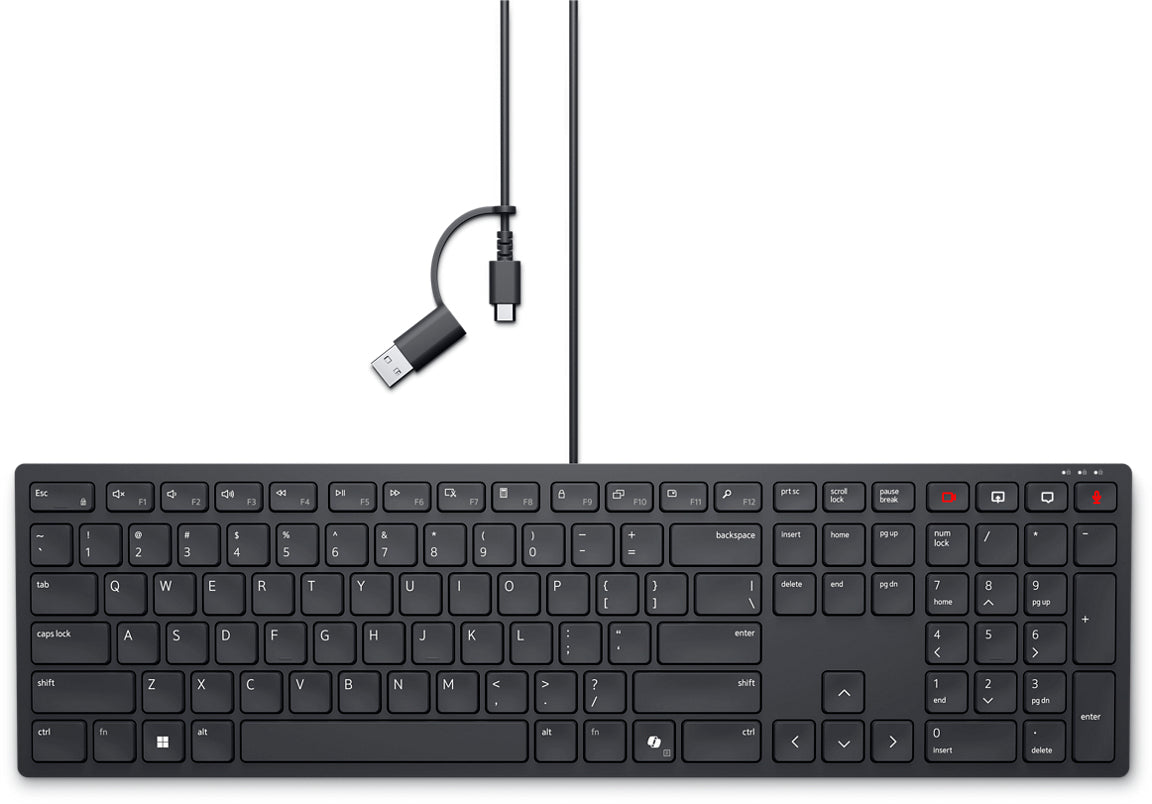 DELL Pro Wired Collaboration Keyboard - KB525C - US International (QWERTY), Full-size (100%), Wired, USB, Plunger key switch, QWERTY, Black