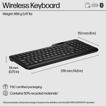 HP 475 Dual-Mode Wireless Keyboard, Full-size (100%), Wireless, RF Wireless + Bluetooth, Plunger key switch, Black