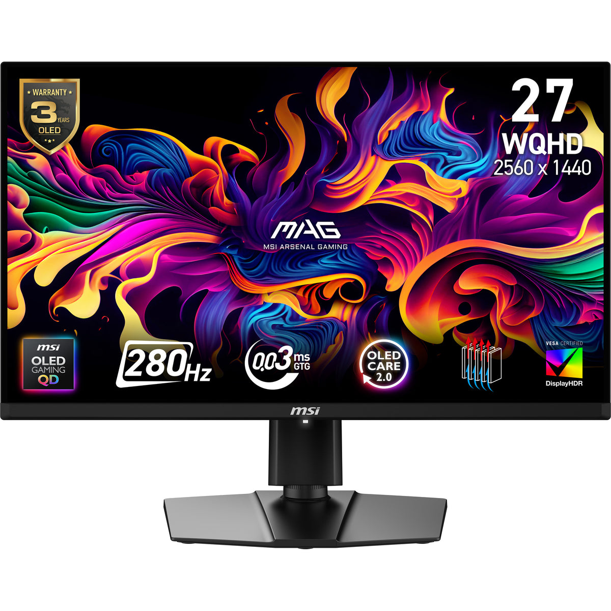 MSI MAG 271QP QD-OLED X28, 67.3 cm (26.5"), 2560 x 1440 pixels, Wide Quad HD, QD-OLED, 0.03 ms, Black