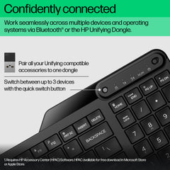 HP 475 Dual-Mode Wireless Keyboard, Full-size (100%), Wireless, RF Wireless + Bluetooth, Plunger key switch, Black