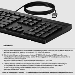 HP 125 Wired Keyboard, Full-size (100%), Wired, USB, Plunger key switch, Black
