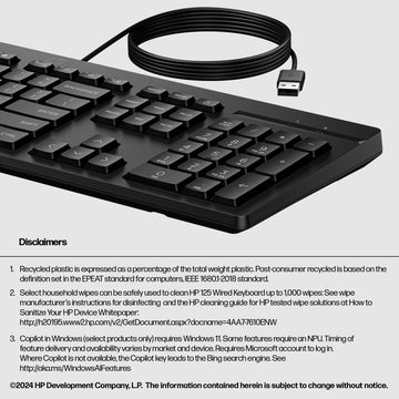 HP 125 Wired Keyboard, Full-size (100%), Wired, USB, Plunger key switch, Black