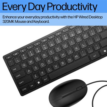 HP Wired Desktop 320MK Mouse and Keyboard, Wired, USB, Membrane, Black, Mouse included