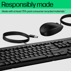 HP 225 Wired Mouse and Keyboard Combo, Full-size (100%), Wired, USB, Black, Mouse included