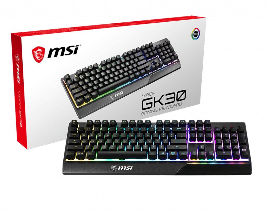 MSI VIGOR GK30 RGB MEMchanical Gaming Keyboard ' UK Layout, MECH. Membrane switches, 6-Zone RGB Lighting, RGB Mystic Light, water repellent keyboard design', Wired, USB, Mechanical, QWERTY, RGB LED, Black