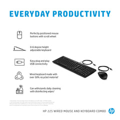HP 225 Wired Mouse and Keyboard Combo, Full-size (100%), USB, Membrane, Black, Mouse included
