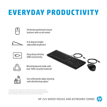 HP 225 Wired Mouse and Keyboard Combo, Full-size (100%), USB, Membrane, Black, Mouse included
