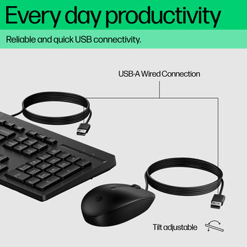 HP 225 Wired Mouse and Keyboard Combo, Full-size (100%), Wired, USB, Black, Mouse included