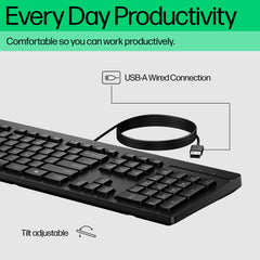 HP 125 Wired Keyboard, Full-size (100%), Wired, USB, Plunger key switch, Black