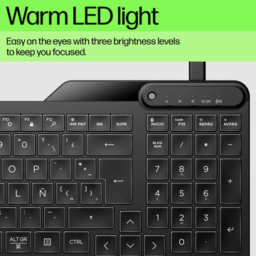HP 405 Multi-Device Backlit Wired Keyboard, Full-size (100%), Wired, USB, Membrane, Black