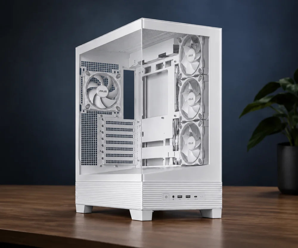 ASUS A31 Plus TG ARGB WHITE Midi Tower on a styled tabletop