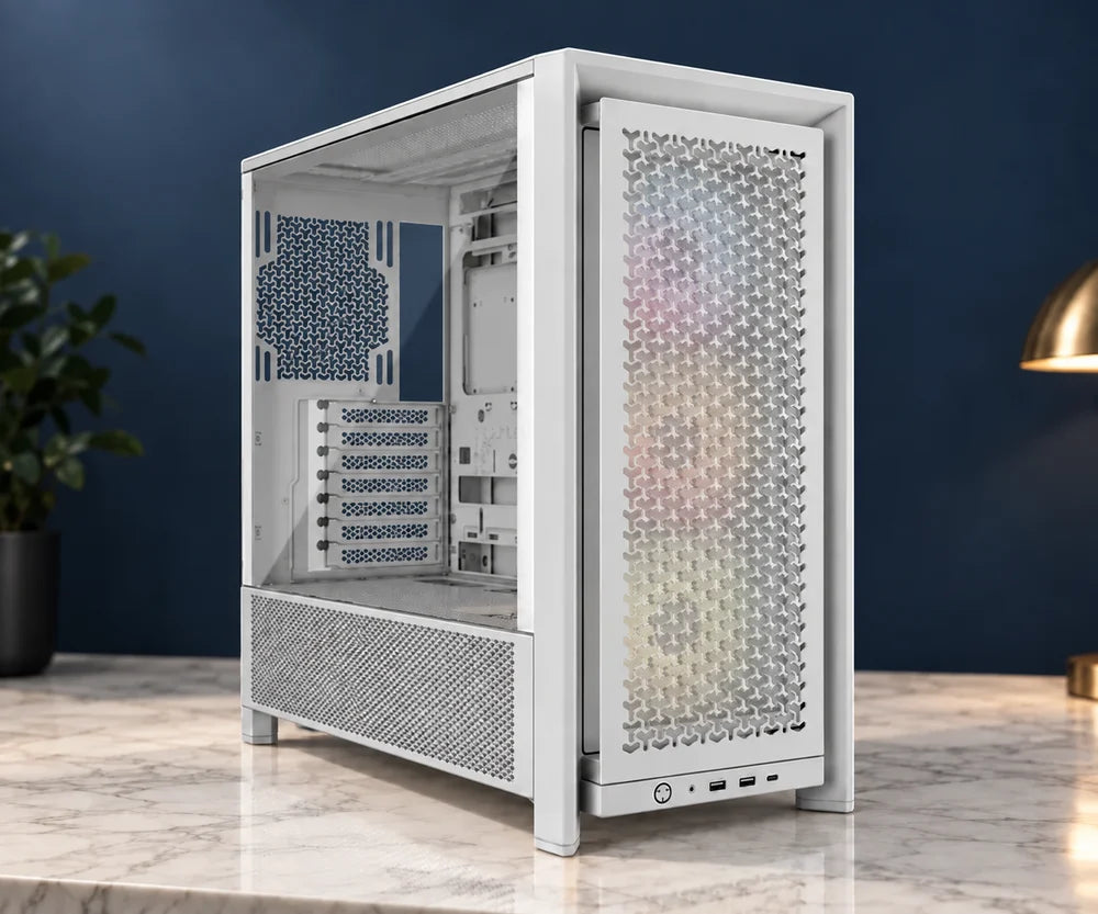 Corsair FRAME 4000D RS ARGB Midi Tower White on a styled tabletop