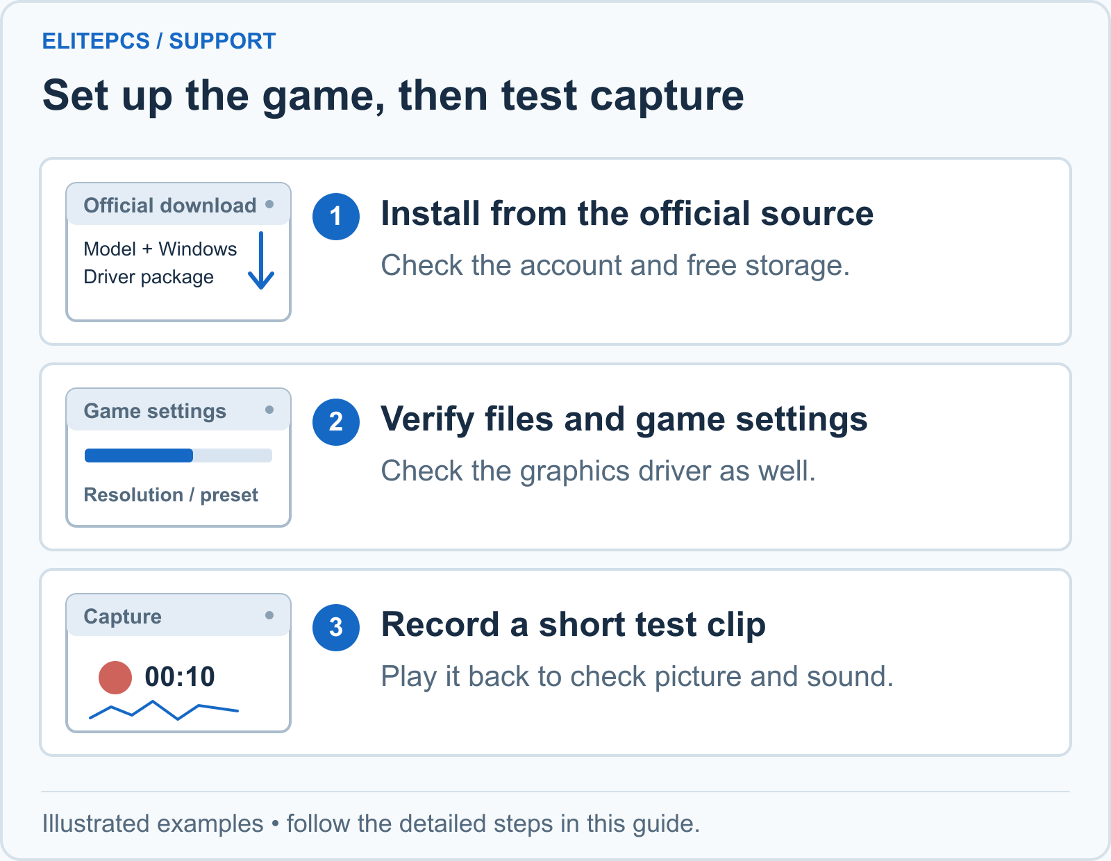 1. Install from the official source. Check the account and free storage. 2. Verify files and game settings. Check the graphics driver as well. 3. Record a short test clip. Play it back to check picture and sound.