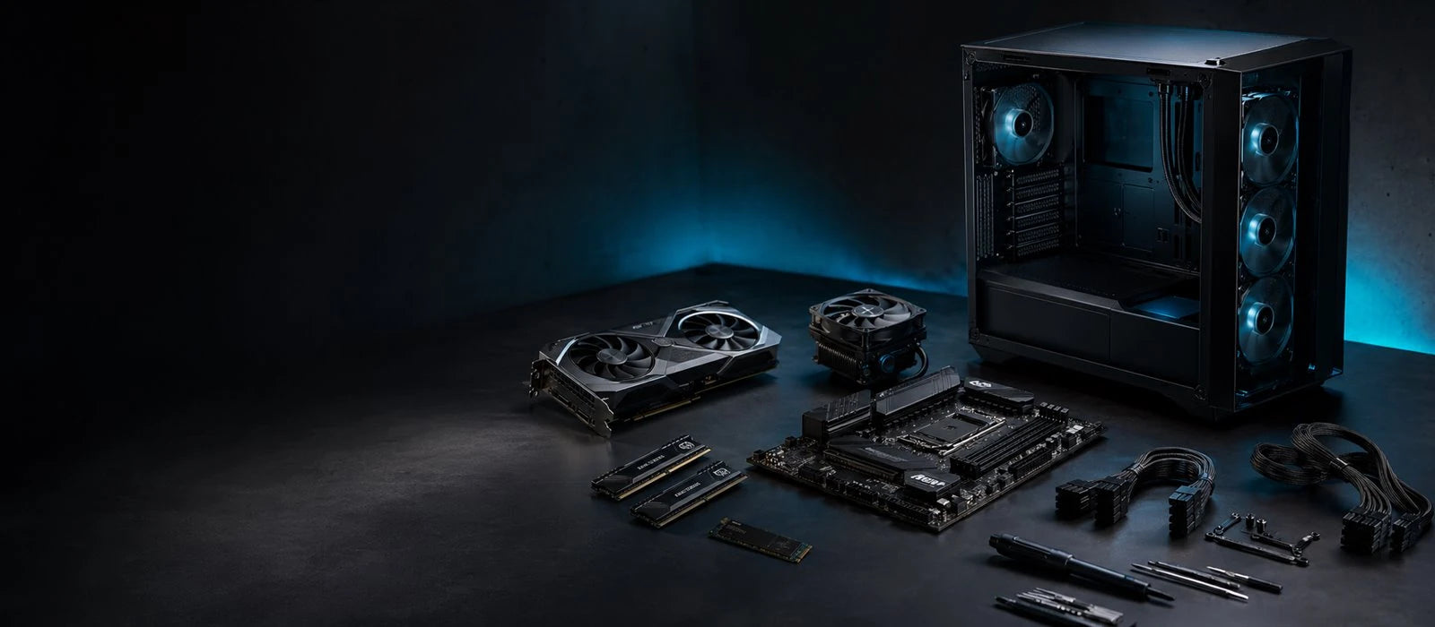 PC components ready for a custom ElitePCS build